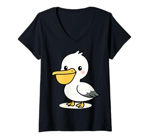 Damen Kawaii Pelikan Cartoon Süßer Seevogel Ozean Tier Design T-Shirt mit V-Ausschnitt von Geonetiqué Designs