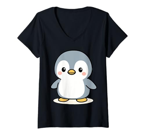 Damen Kawaii Pinguin Cartoon Niedliche Wintertier Illustration T-Shirt mit V-Ausschnitt von Geonetiqué Designs