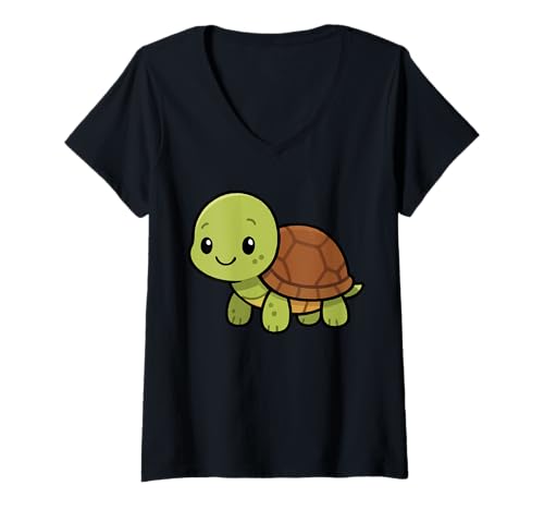 Damen Kawaii Schildkröte niedliche Cartoon Meerestier-Illustration T-Shirt mit V-Ausschnitt Damen Kawaii Schildkröte niedliche Cartoon Meerestier-Illustration T-Shirt mit V-Ausschnitt von Geonetiqué Designs