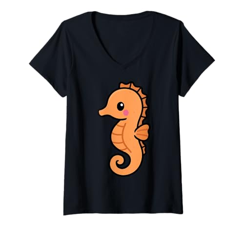 Damen Kawaii Seepferdchen Süße Unterwasser-Kreatur Illustration T-Shirt mit V-Ausschnitt Damen Kawaii Seepferdchen Süße Unterwasser-Kreatur Illustration T-Shirt mit V-Ausschnitt von Geonetiqué Designs