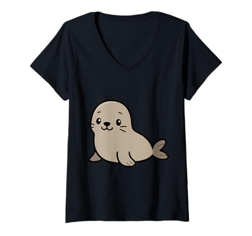 Damen Kawaii-Siegel, niedliche Cartoon-Ozean-Tier-Illustration T-Shirt mit V-Ausschnitt Damen Kawaii-Siegel, niedliche Cartoon-Ozean-Tier-Illustration T-Shirt mit V-Ausschnitt von Geonetiqué Designs