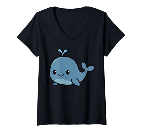 Damen Kawaii Wal niedliche Cartoon-Ozean-Tier-Illustration T-Shirt mit V-Ausschnitt Damen Kawaii Wal niedliche Cartoon-Ozean-Tier-Illustration T-Shirt mit V-Ausschnitt von Geonetiqué Designs