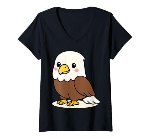Damen Kawaii Weißkopfseeadler Cartoon Cute American Bird Illustration T-Shirt mit V-Ausschnitt Damen Kawaii Weißkopfseeadler Cartoon Cute American Bird Illustration T-Shirt mit V-Ausschnitt von Geonetiqué Designs