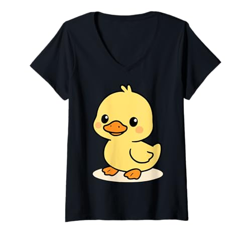 Damen Kawaii gelbe Ente – niedliches Enten-Cartoon-Design T-Shirt mit V-Ausschnitt Damen Kawaii gelbe Ente – niedliches Enten-Cartoon-Design T-Shirt mit V-Ausschnitt von Geonetiqué Designs