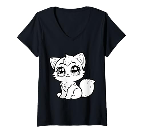 Damen Niedliche große Augen Katze Illustration Kawaii Kitty Tier Design T-Shirt mit V-Ausschnitt Damen Niedliche große Augen Katze Illustration Kawaii Kitty Tier Design T-Shirt mit V-Ausschnitt von Geonetiqué Designs