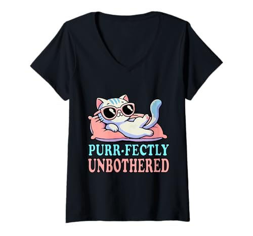 Damen Purr-Fectly Unbothered - Relaxed Cat Art - Minimalistische Katze T-Shirt mit V-Ausschnitt Damen Purr-Fectly Unbothered - Relaxed Cat Art - Minimalistische Katze T-Shirt mit V-Ausschnitt von Geonetiqué Designs