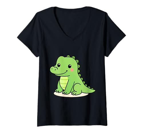 Damen Süße grüne Alligator-Cartoon-Illustration mit Kawaii-Alligator-Motiv T-Shirt mit V-Ausschnitt von Geonetiqué Designs