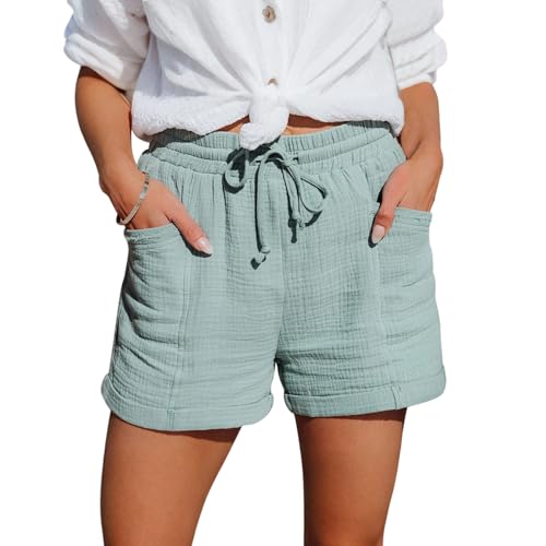 Shorts Damen Leinen Musselin Kurze Hose Sommer mit Taschen Kordelzug Hoher Bund Lässig Weit Geschnitten Atmungsaktive Baumwolle Strandhose Freizeit Bermuda Stoffhose (D-Hellgrün,M) von Georcep