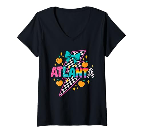 Damen Atlanta Peach kariertes Lightning Rainbow Pride T-Shirt T-Shirt mit V-Ausschnitt Damen Atlanta Peach kariertes Lightning Rainbow Pride T-Shirt T-Shirt mit V-Ausschnitt von Georgia Sass Club
