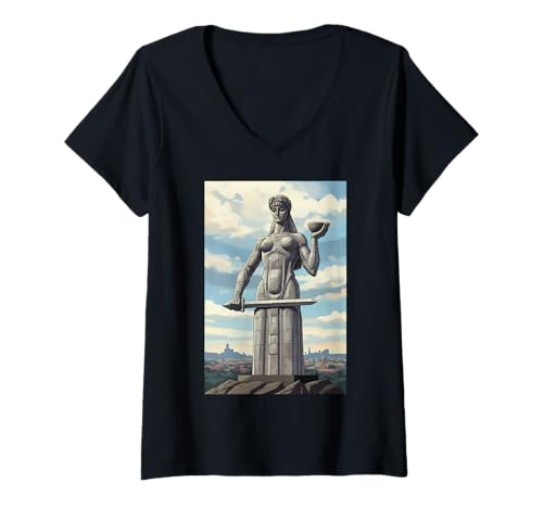 Damen Kartlis Deda, georgisches ikonisches Denkmal T-Shirt mit V-Ausschnitt Damen Kartlis Deda, georgisches ikonisches Denkmal T-Shirt mit V-Ausschnitt von Georgian L&S