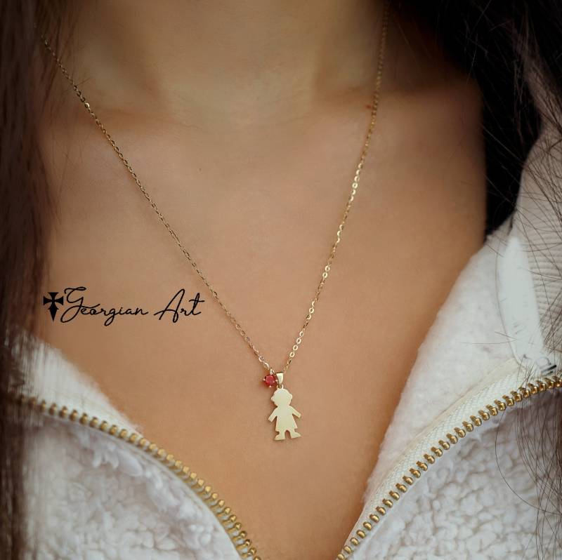 10K, 14K Oder 18K Massivgold Silber Kind Silhouette Halskette Mit Geburtsstein in Gelb, Rose Weißgold, Jungen Mädchen Anhänger von GeorgianArtDesigns