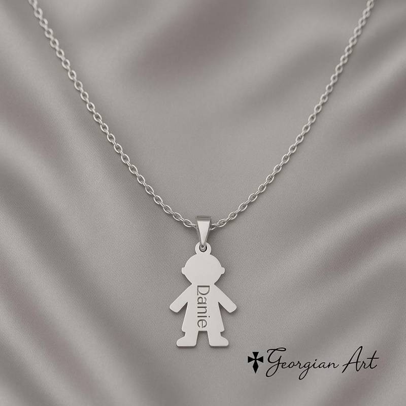 10K, 14K Oder 18K Solid Gold Child Silhouette Halskette Mit Graviertem Anfangsbuchstaben, Name Datum in Gelb, Rosé - Weißgold, Junge Mädchen von GeorgianArtDesigns