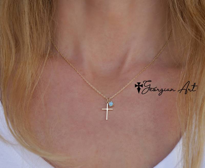 Massivgold Mini Kreuz Halskette Mit Echtem Geburtsstein in 10K, 14K Oder 18K Gold Für Erwachsene Kinder - Gelb, Rosé Weißgold, Personalisiert von GeorgianArtDesigns
