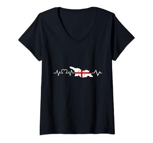 Damen Georgier Herzschlag Georgien T-Shirt mit V-Ausschnitt Damen Georgier Herzschlag Georgien T-Shirt mit V-Ausschnitt von Georgier Georgien Geschenk