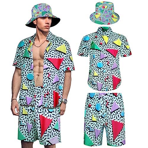 Geosar Herren 2 Stück 80er 90er Jahre Outfit Retro Hemden und Shorts Set mit Bucket Hats Hawaiian Beach Trainingsanzüge für Männer Disco Party, large, L von Geosar