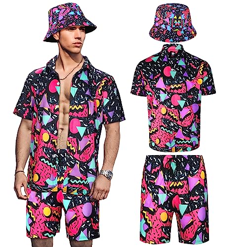 Herren 2 Stück 80er 90er Jahre Outfit Retro Hemden und Shorts Set mit Hut Hawaii Strand Trainingsanzüge für Männer Disco Party, frisch, Large von Geosar