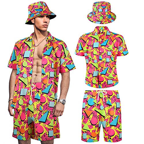 Herren 2 Stück 80er 90er Outfit Retro Hemden und Shorts Set mit Hut Hawaiian Strand Trainingsanzüge für Männer Disco Party, Chic, X-Large von Geosar