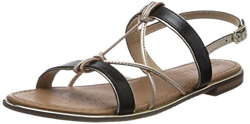 Geox D Sozy Plus Flat Sandal, Black/LT Gold, 37.5 EU von Geox