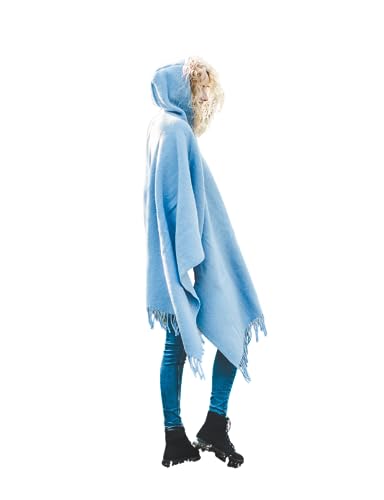 Ger3as Damen Kapuzen Poncho 100% Wolle Cape für Frauen aus Strickmaterial mit Kapuze Ruana Mantel Fleece Wrap (Hellblau) von Ger3as