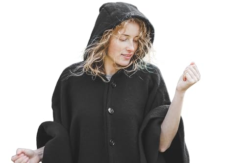 Ger3as Damen Kapuzen Poncho 100% Wolle Cape für Frauen aus Strickmaterial mit Kapuze Ruana Mantel Fleece Wrap von Ger3as