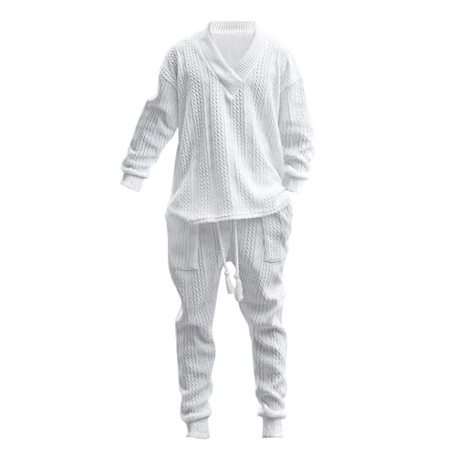 Freizeitanzug Einfarbig 2-teilig Sportbekleidung Trainingsanzug Herren Langarm V-Ausschnitt Freizeithose Mit Kordelzug Jogginganzug (Color : White, Size : L) von GerRit