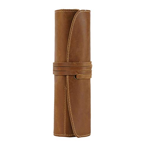 GerRit Federmäppchen aus Leder Vintage Leder Schreibwaren Handgemachte Bleistift Roll Case Art Roll Wrap Halter Unisex für Arbeit, Büro (Farbe : Braun, Size : 20.2x19cm) von GerRit