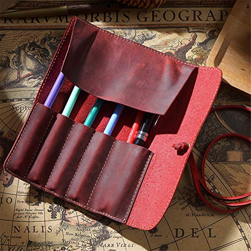 GerRit Federmäppchen aus Leder Vintage Leder Schreibwaren Handgemachte Bleistift Roll Case Art Roll Wrap Halter Unisex für Arbeit, Büro (Farbe : Wine red, Size : 20.2x19cm) von GerRit