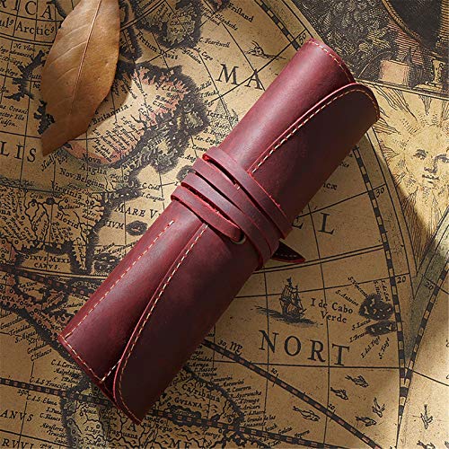 GerRit Federmäppchen aus Leder Vintage Leder Stationer Case Art Uni College Supplies Roll Wrap Halter Unisex für Arbeit, Büro (Farbe : Wine red, Size : 20.2x19cm) von GerRit