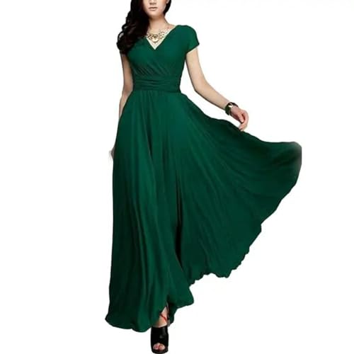 GerRit Kleider Bohemian Frauen Einfarbige Kurzarm V-Ausschnitt Enge Taille Maxi Abendkleid Enge Taille-dunkelgrün-XL von GerRit