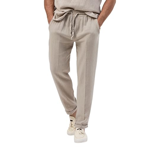 GeRRiT Jogginghose Herren Sommerhose Strandhose Lose Leinen Yoga Strandhose Sweatpants Straight Tapered Hose mit Kordelzug (Color : Beige, Size : 3XL) von GerRit