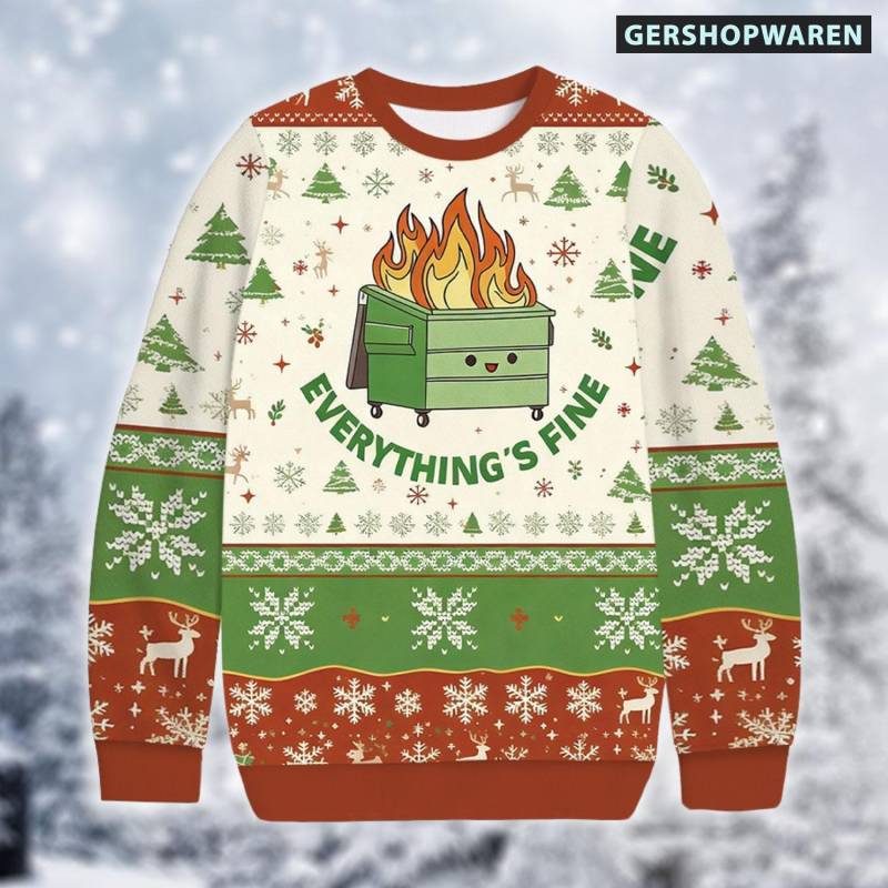 Funny Dumpster Fire Print Ugly Christmas Sweater, Its Find Im Fine Everything Meme Xmas Gift For Men Women von GerShopWaren