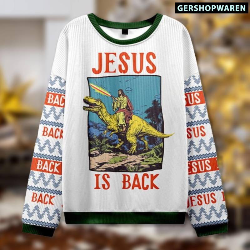 Jesus Riding A Dinosaur Christian Christmas Ugly Sweatshirt, Is Back Sweater, Funny Religious Gift von GerShopWaren