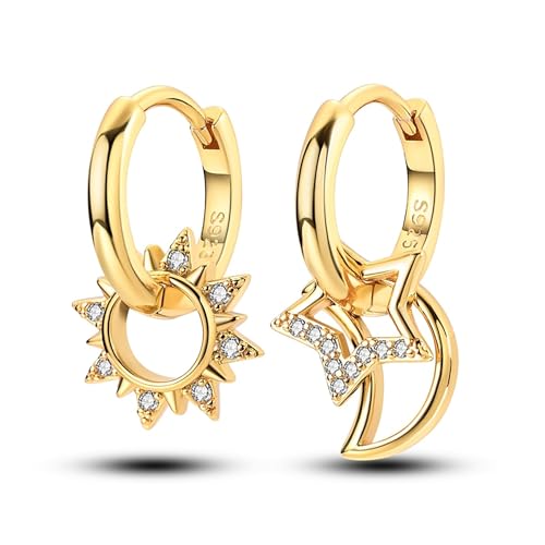 Geralin Gioielli Damen Ohrringe Gold Mond und Sterne - 925 Sterling Silber Ohrhänger - 18,8mm Creolen mit 3A Zirkonia - Hypoallergener Modeschmuck für Frauen von Geralin Gioielli