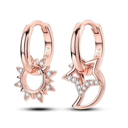 Geralin Gioielli Damen Ohrringe Rosegold Sonne Mond und Sterne - 925 Sterling Silber Ohrhänger - 18,8mm Creolen mit 3A Zirkonia - Hypoallergener Modeschmuck für Frauen von Geralin Gioielli