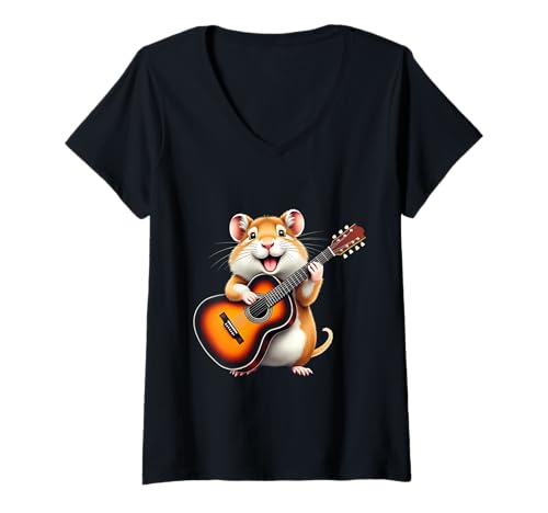 Damen Lustiges Rennmäuse, das Gitarre spielt, Design für Musikliebhaber T-Shirt mit V-Ausschnitt Damen Lustiges Rennmäuse, das Gitarre spielt, Design für Musikliebhaber T-Shirt mit V-Ausschnitt von Gerbil Lovers Designs