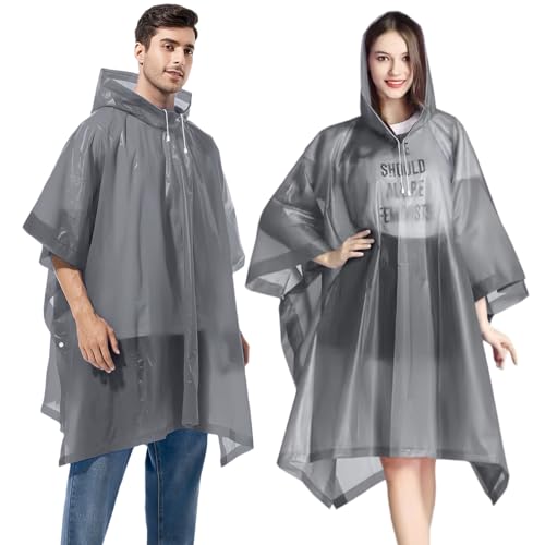 Gerhannery 2 Stück Regenponcho Wiederverwendbarer, Regenponcho mit Kapuze für Erwachsene, Wasserdicht Regencape Regenjacken für Damen & Herren, Regenumhang für Festivals Konzert (Einheitsgröße, Grau) von Gerhannery
