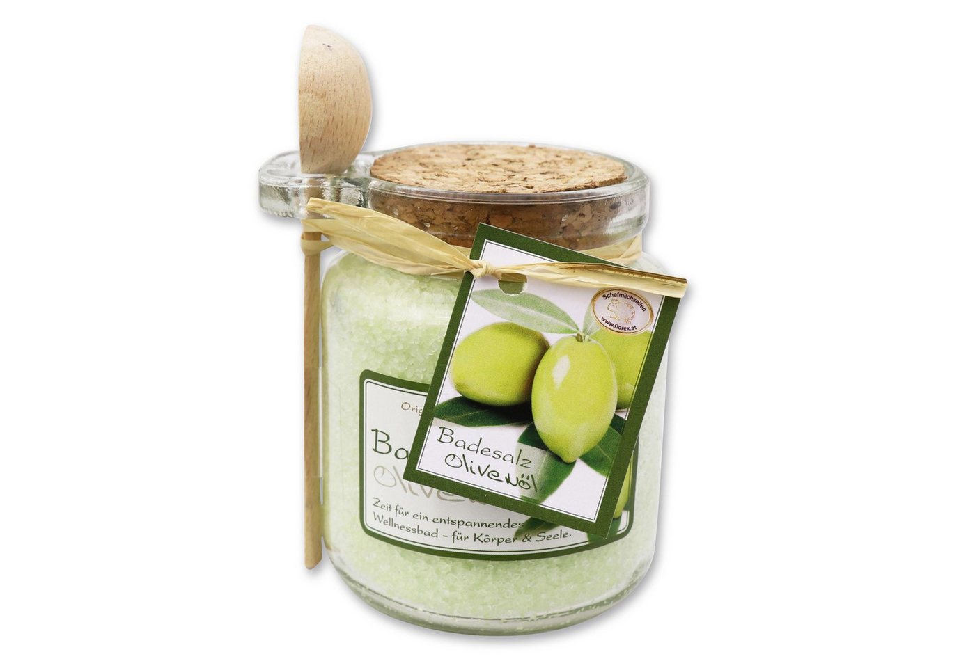 Gerlinde Hofer _ Florex GmbH Badezusatz B1420OLI Olivenöl, Badesalz mit Bio Schafmilch im Glas mit Holzlöffel 300 g von Gerlinde Hofer _ Florex GmbH
