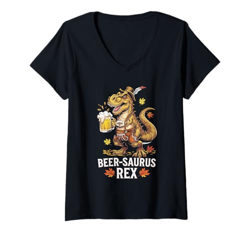Damen Lustige Oktoberfest Dinosaurier Lederhose T-Rex Bier Saurus Rex T-Shirt mit V-Ausschnitt Damen Lustige Oktoberfest Dinosaurier Lederhose T-Rex Bier Saurus Rex T-Shirt mit V-Ausschnitt von German Bavarian Festival Costume Men Tees