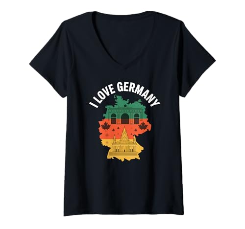 Damen I Love Germany Landkarte Sehenswürdigkeiten T-Shirt mit V-Ausschnitt Damen I Love Germany Landkarte Sehenswürdigkeiten T-Shirt mit V-Ausschnitt von German Culture Travel Landmarks Heritage