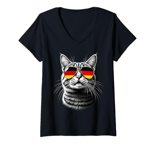 Damen Deutsche Flagge Katze trägt Sonnenbrille Deutschland Flagge T-Shirt mit V-Ausschnitt Damen Deutsche Flagge Katze trägt Sonnenbrille Deutschland Flagge T-Shirt mit V-Ausschnitt von German Flag Cat Designs
