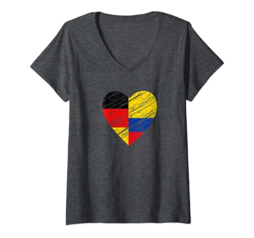 Damen Kolumbien Deutschland Herz Deutschland Flagge Kolumbianische Flagge Liebe Herz T-Shirt mit V-Ausschnitt von German Flag Colombian Flag Heart
