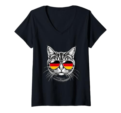 Damen Deutschland Flagge Katze Gesicht Sonnenbrille Deutsche Flagge T-Shirt mit V-Ausschnitt von German Flag Designs