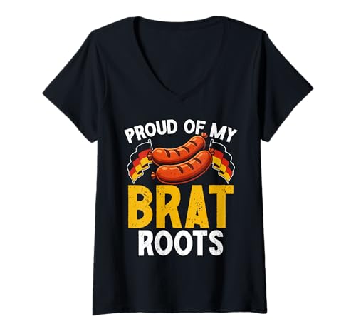 Damen Proud of My Brat Roots Lustiger Deutscher Humor Deutschland Liebhaber T-Shirt mit V-Ausschnitt Damen Proud of My Brat Roots Lustiger Deutscher Humor Deutschland Liebhaber T-Shirt mit V-Ausschnitt von German Humor Designs for Germany Lover Deutschland
