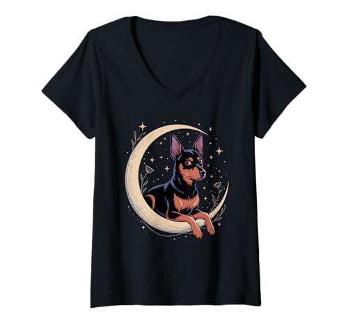 Damen Crescent Moon German Pinscher Deutscher Pinscher T-Shirt mit V-Ausschnitt Damen Crescent Moon German Pinscher Deutscher Pinscher T-Shirt mit V-Ausschnitt von German Pinscher Lover Giftss