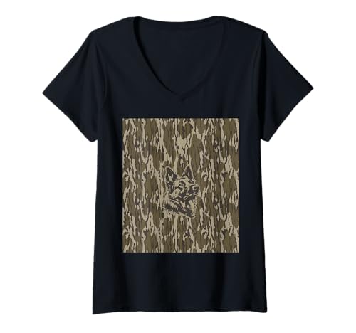 Damen Bottomland Camo Deutscher Schäferhund Silhouette T-Shirt mit V-Ausschnitt Damen Bottomland Camo Deutscher Schäferhund Silhouette T-Shirt mit V-Ausschnitt von German Shepherd Bottomland Camo Skin Hunt Pattern