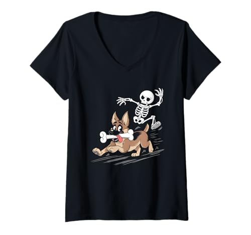 Damen Schäferhund-Skelett T-Shirt mit V-Ausschnitt Damen Schäferhund-Skelett T-Shirt mit V-Ausschnitt von German Shepherd Design