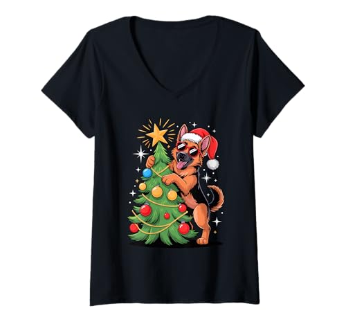 Damen Christmas Tree German Shepherd Sunglasses GSD T-Shirt mit V-Ausschnitt von German Shepherd Dog Lover Gifts