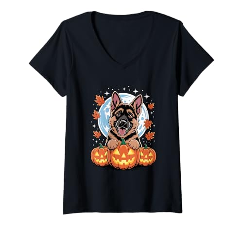 Damen Halloween German Shepherd Kürbis GSD T-Shirt mit V-Ausschnitt von German Shepherd Dog Lover Gifts