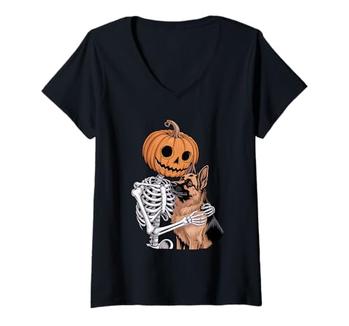Damen Halloween Skeleton German Shepherd GSD T-Shirt mit V-Ausschnitt Damen Halloween Skeleton German Shepherd GSD T-Shirt mit V-Ausschnitt von German Shepherd Dog Lover Gifts