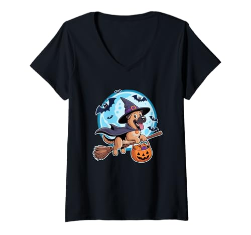 Damen Halloween Witch German Shepherd Moon GSD T-Shirt mit V-Ausschnitt von German Shepherd Dog Lover Gifts